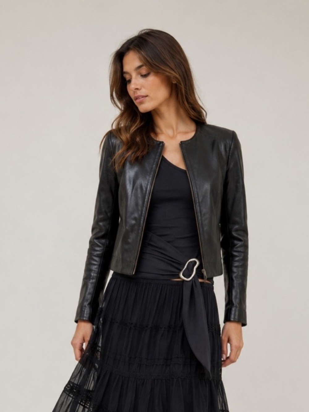 Massimo Dutti Black Genuine Leather Collarless Jacket